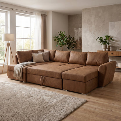 U-sofa Tromso i brun med chaiselong til højre, sovefunktion og opbevaring, 297 x 203 x 85 cm