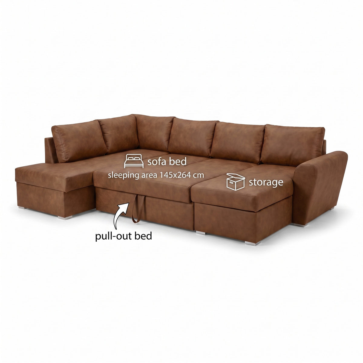 U-sofa Tromso i brun med chaiselong til højre, sovefunktion og opbevaring, 297 x 203 x 85 cm