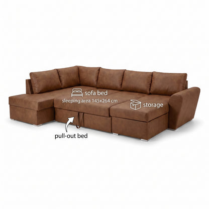 U-sofa Tromso i brun med chaiselong til højre, sovefunktion og opbevaring, 297 x 203 x 85 cm