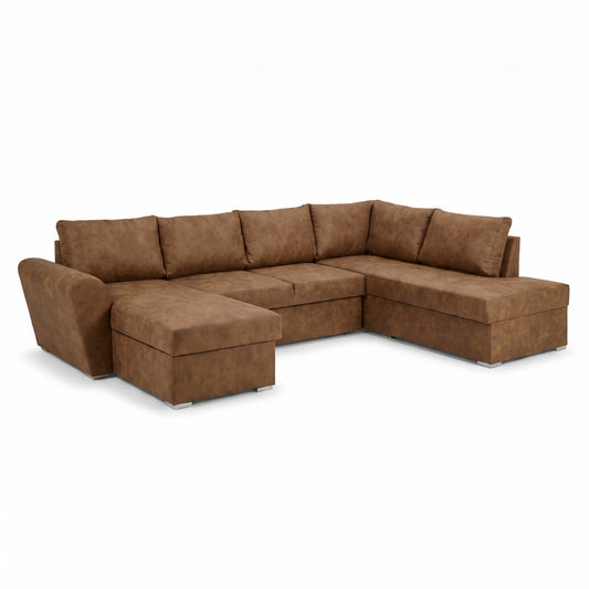 U-sofa Tromso i brun med chaiselong til venstre, sovefunktion og opbevaring, 297 x 203 x 85 cm