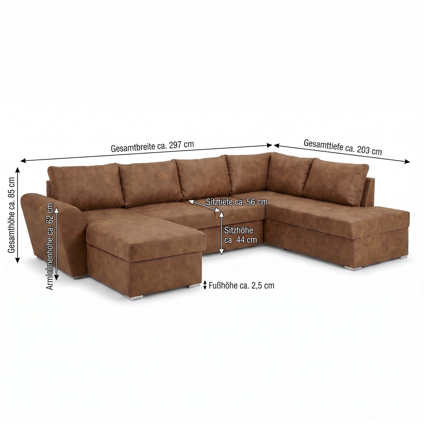U-sofa Tromso i brun med chaiselong til venstre, sovefunktion og opbevaring, 297 x 203 x 85 cm