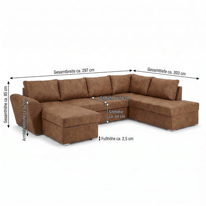 U-sofa Tromso i brun med chaiselong til venstre, sovefunktion og opbevaring, 297 x 203 x 85 cm