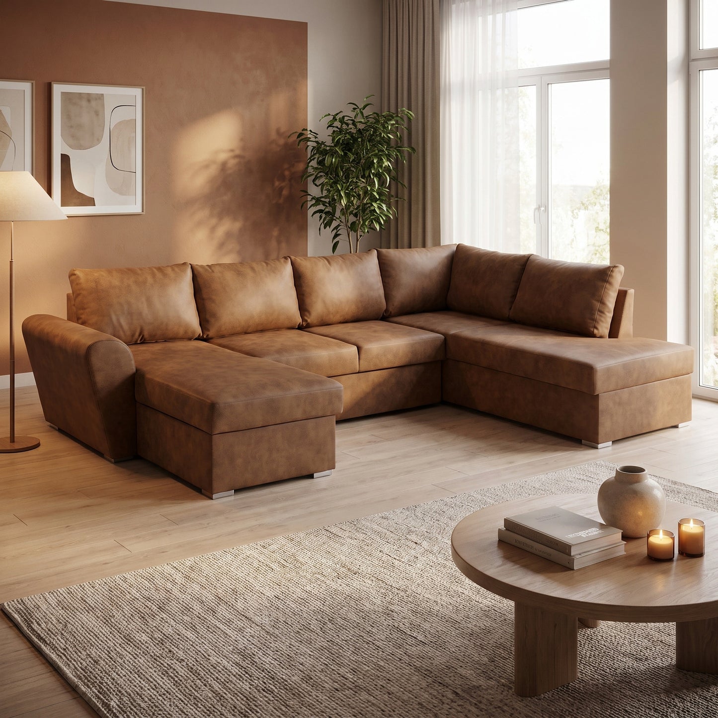 U-sofa Tromso i brun med chaiselong til venstre, sovefunktion og opbevaring, 297 x 203 x 85 cm