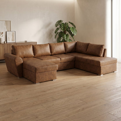 U-sofa Tromso i brun med chaiselong til venstre, sovefunktion og opbevaring, 297 x 203 x 85 cm