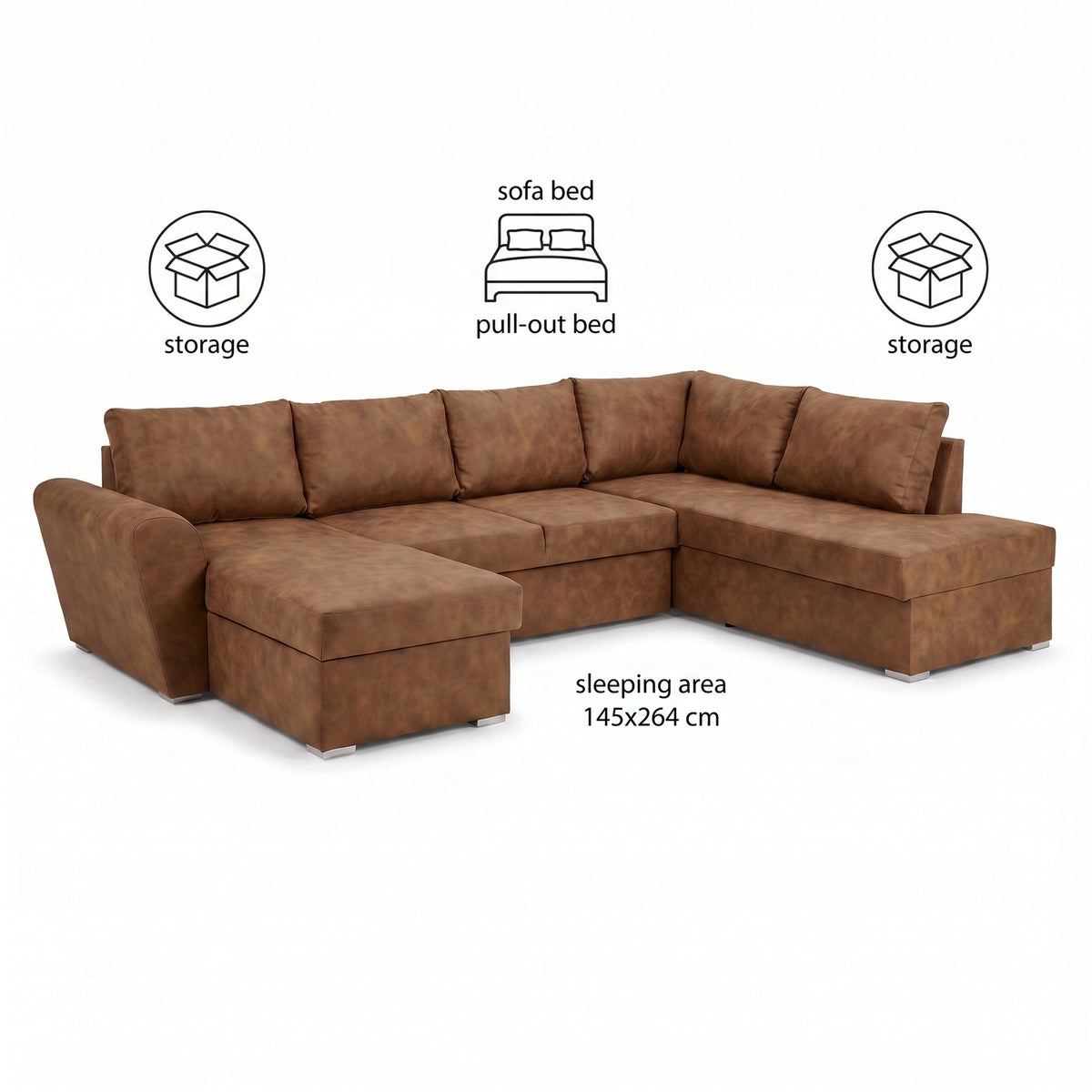 U-sofa Tromso i brun med chaiselong til venstre, sovefunktion og opbevaring, 297 x 203 x 85 cm