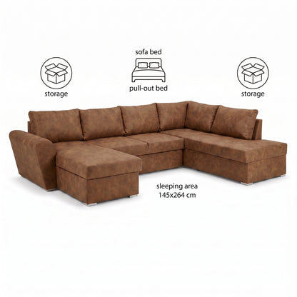 U-sofa Tromso i brun med chaiselong til venstre, sovefunktion og opbevaring, 297 x 203 x 85 cm