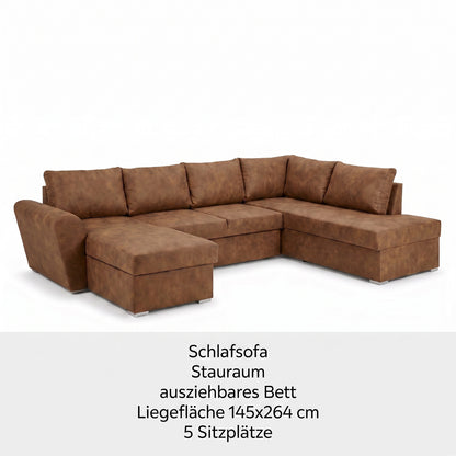 U-sofa Tromso i brun med chaiselong til venstre, sovefunktion og opbevaring, 297 x 203 x 85 cm