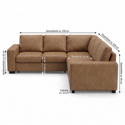 Hjørnesofa Oxford i brun med vendbar opbygning, sovefunktion og opbevaring, 228 x 228 x 85 cm