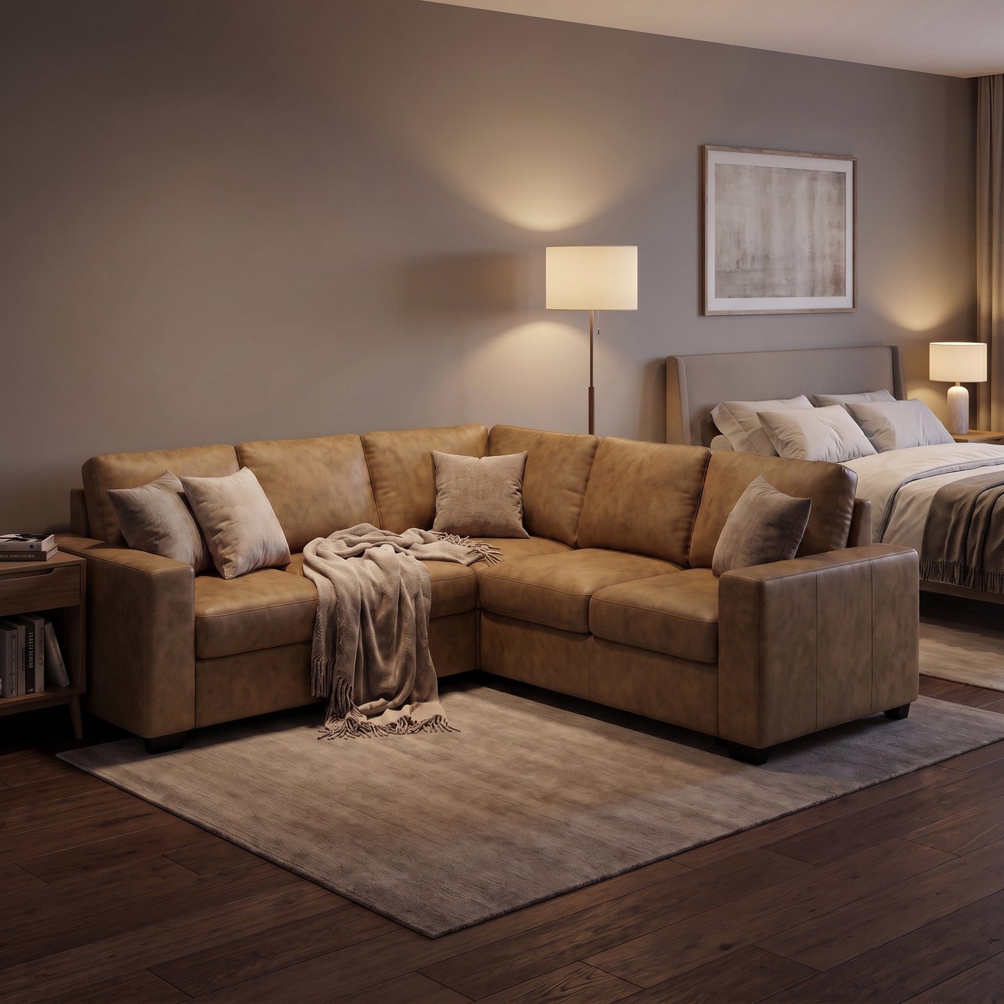 Hjørnesofa Oxford i brun med vendbar opbygning, sovefunktion og opbevaring, 228 x 228 x 85 cm