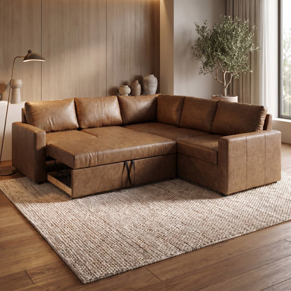 Hjørnesofa Oxford i brun med vendbar opbygning, sovefunktion og opbevaring, 228 x 228 x 85 cm