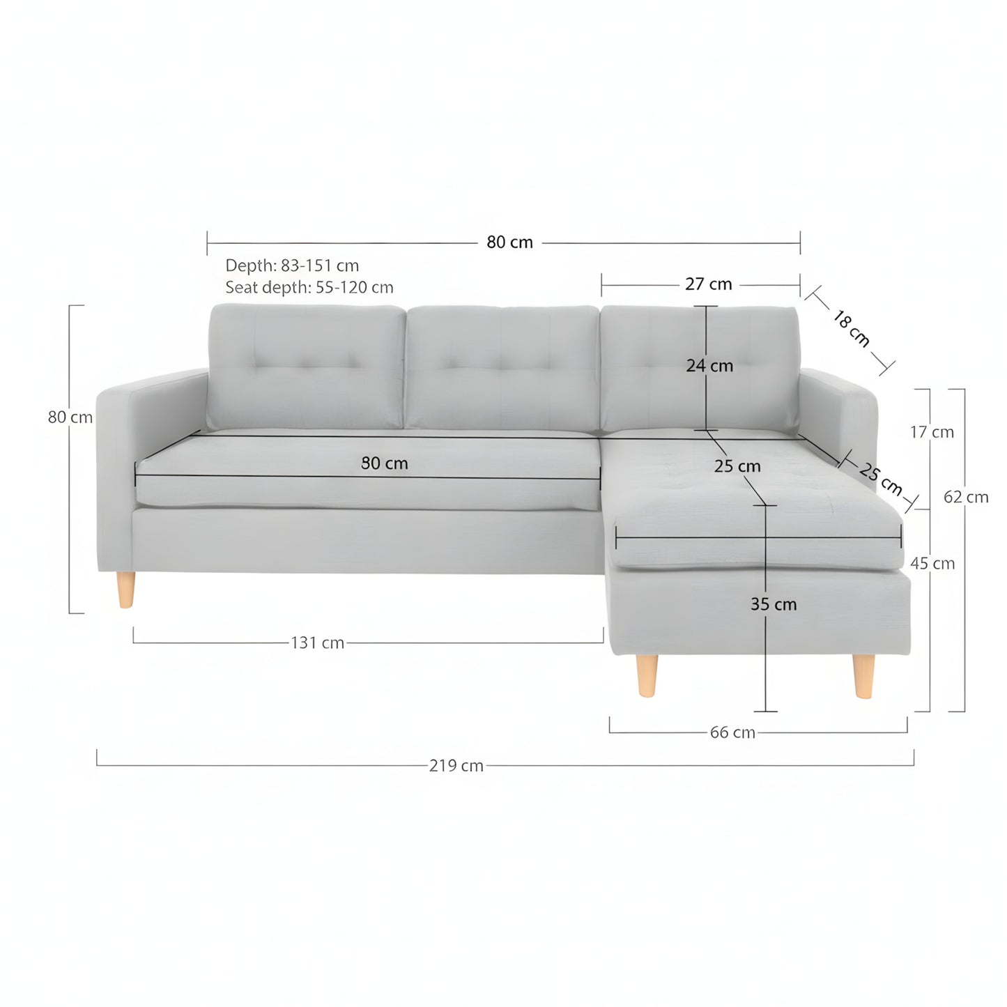 New Orleans sofa med chaiselong venstrevendt 219 x 80 cm
