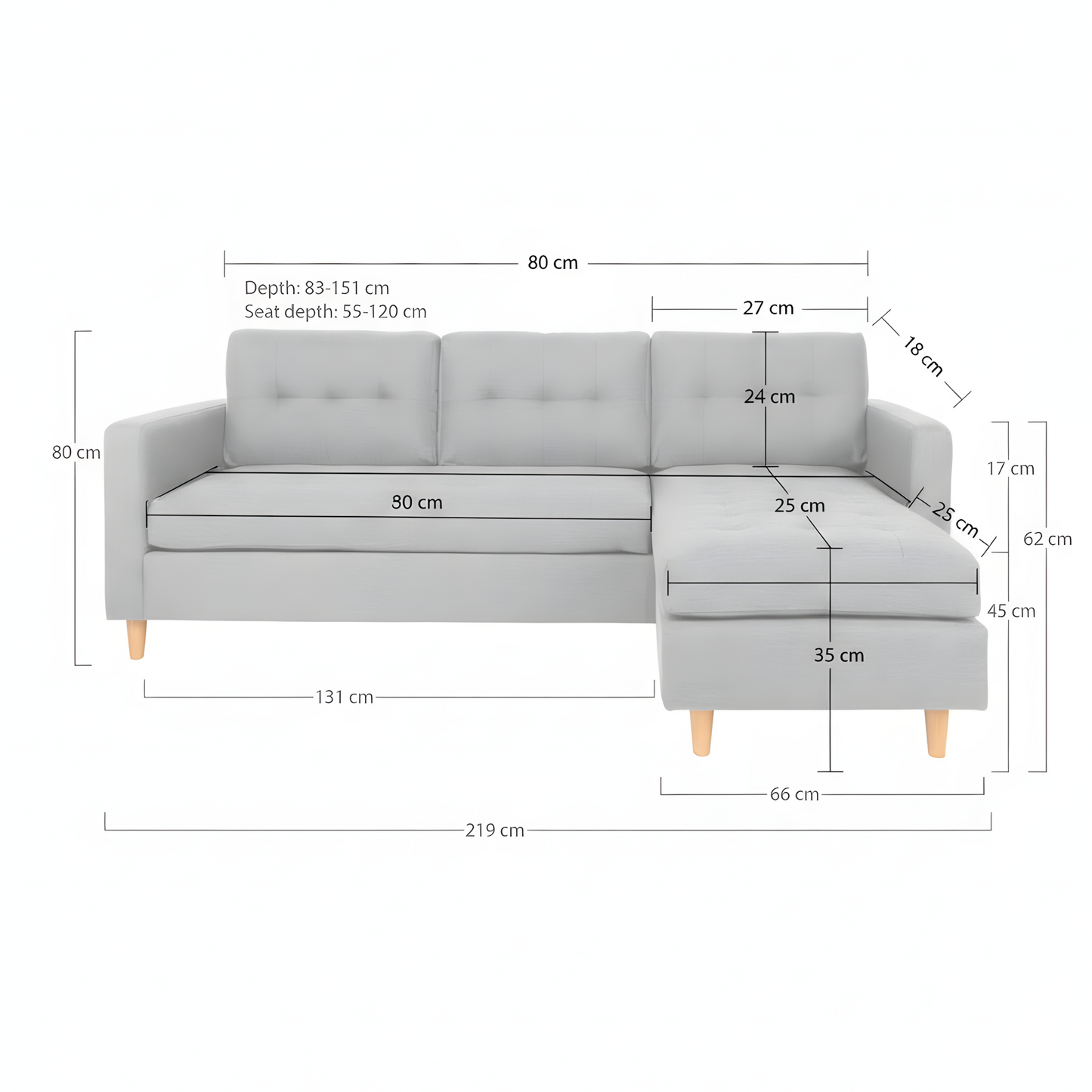 New Orleans chaiselongsofa venstrevendt 219 x 82 cm i sandfarvet