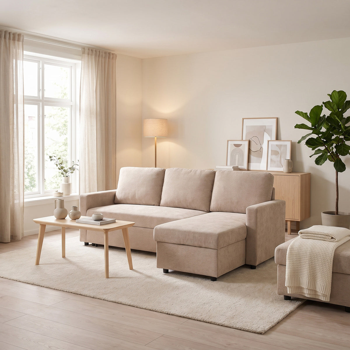 Amalfi sovesofa med chaiselong med opbevaring 150 x 218 cm i sandfarvet
