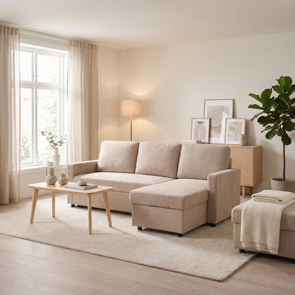 Amalfi sovesofa med chaiselong med opbevaring 150 x 218 cm i sandfarvet