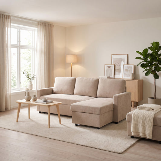 Amalfi sovesofa med chaiselong med opbevaring 150 x 218 cm i sandfarvet