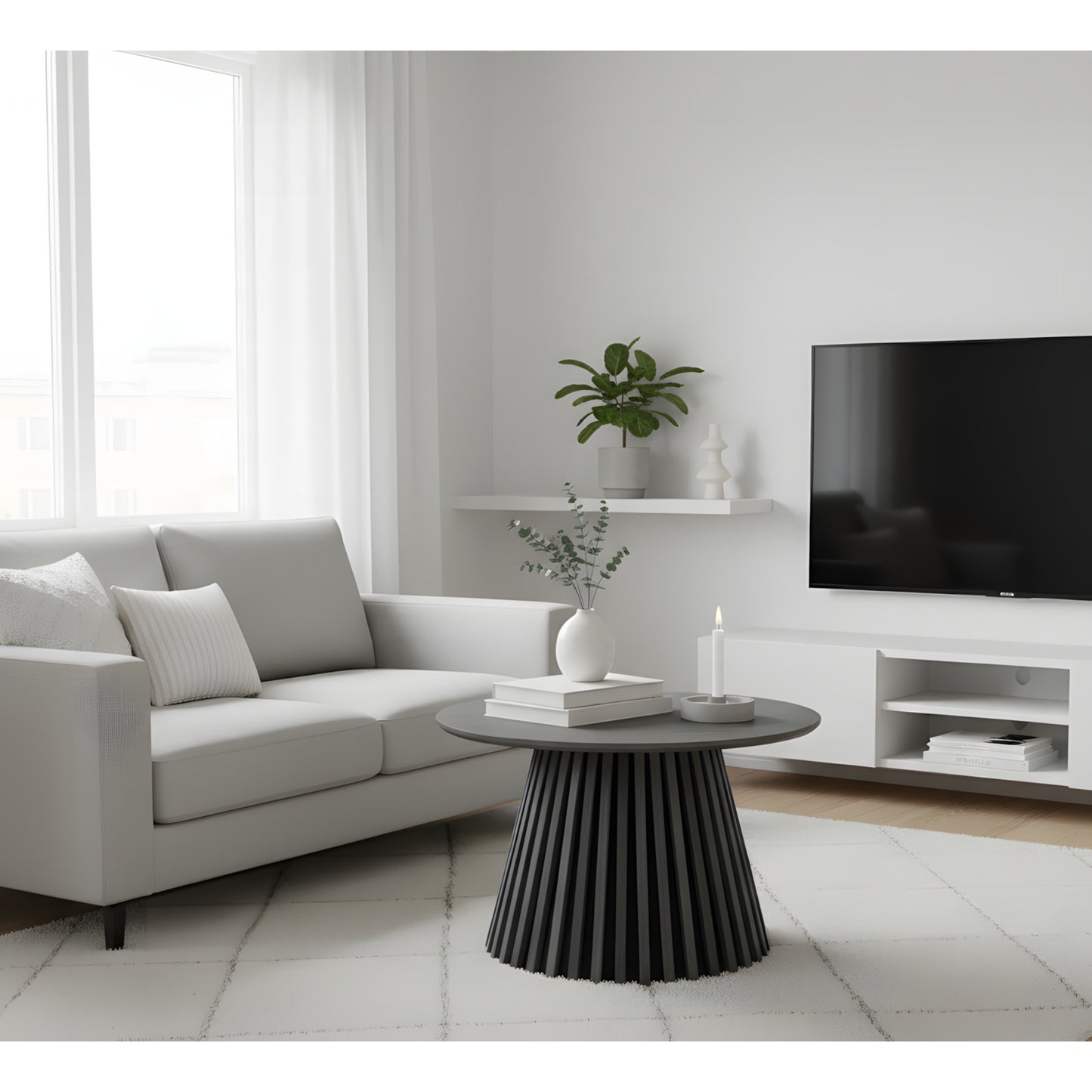 Oslo sofabord Ø70 cm med lamelbase i eg finer