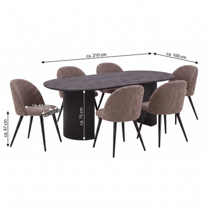 Spisegruppe Rom, 7 dele, med spisebord 210 x 100 cm og 6 stole