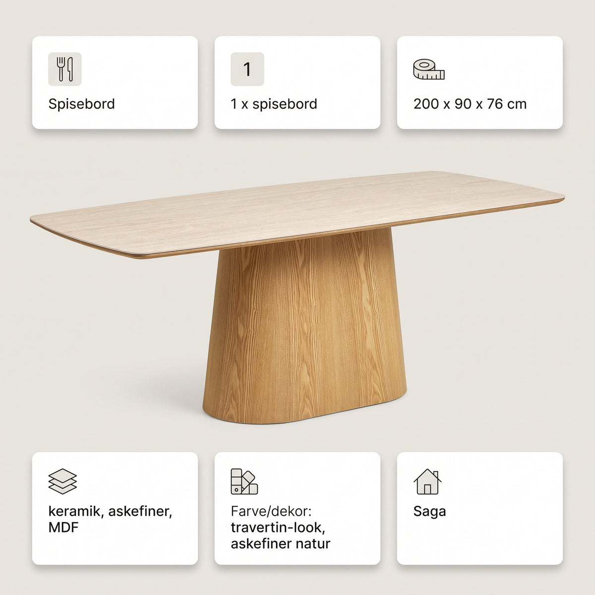 Dijon spisebord 90 x 200 x 76 cm, keramik og askefiner