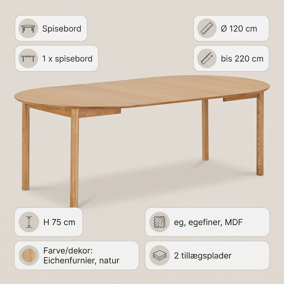 Annecy spisebord Ø120 cm med 2 tillægsplader, op til 220 cm, egefiner