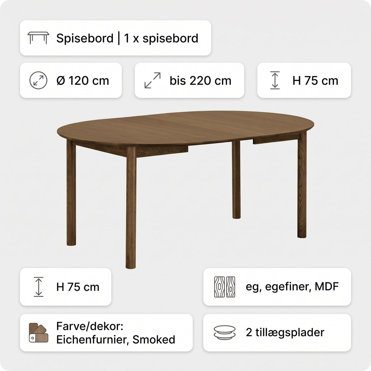 Annecy spisebord Ø120 cm med 2 tillægsplader, op til 220 cm, egefiner