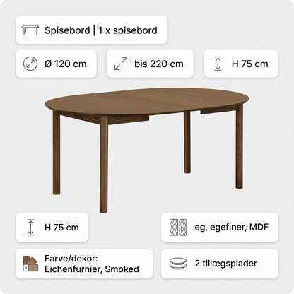 Annecy spisebord Ø120 cm med 2 tillægsplader, op til 220 cm, egefiner