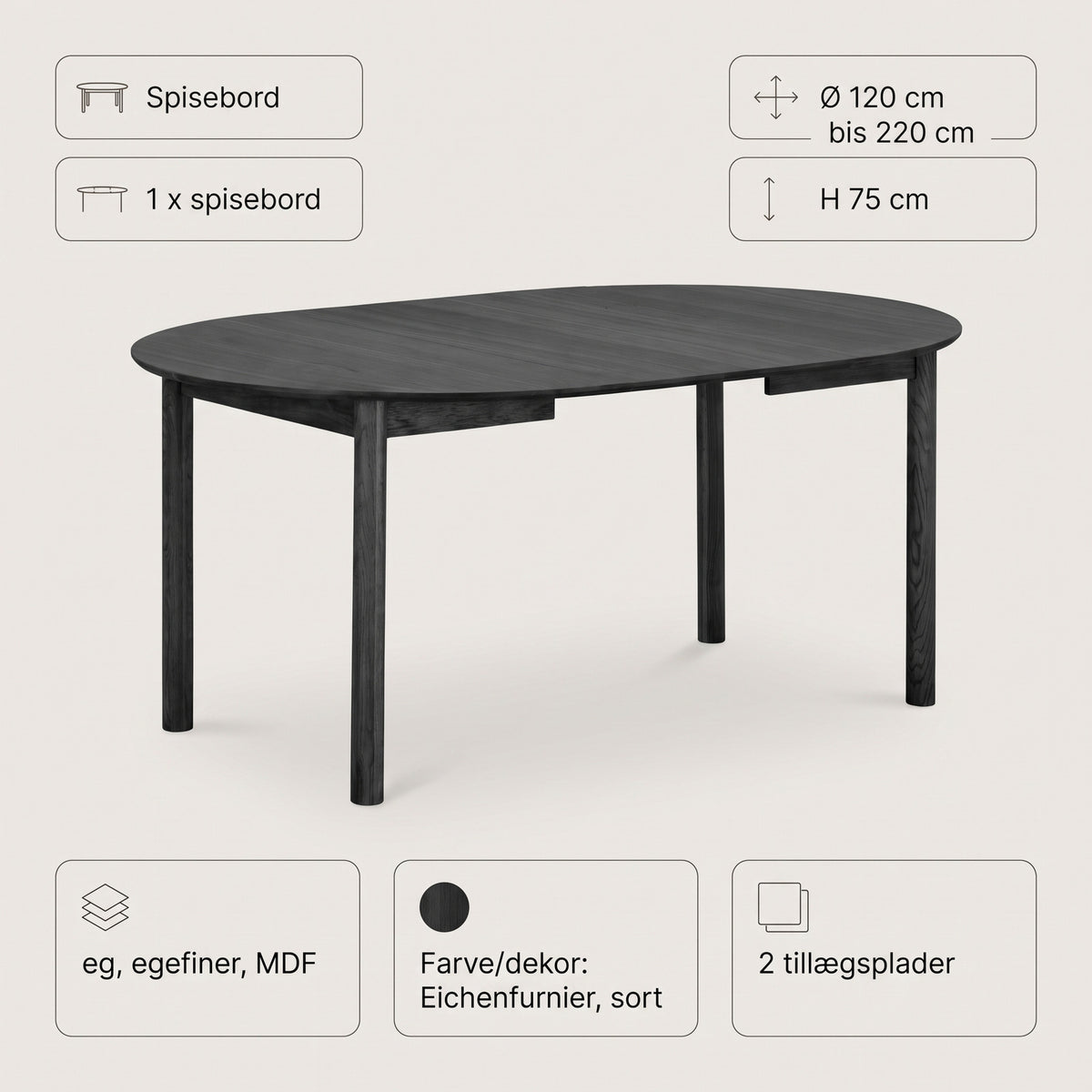 Annecy spisebord Ø120 cm med 2 tillægsplader, op til 220 cm, egefiner