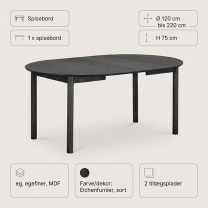 Annecy spisebord Ø120 cm med 2 tillægsplader, op til 220 cm, egefiner