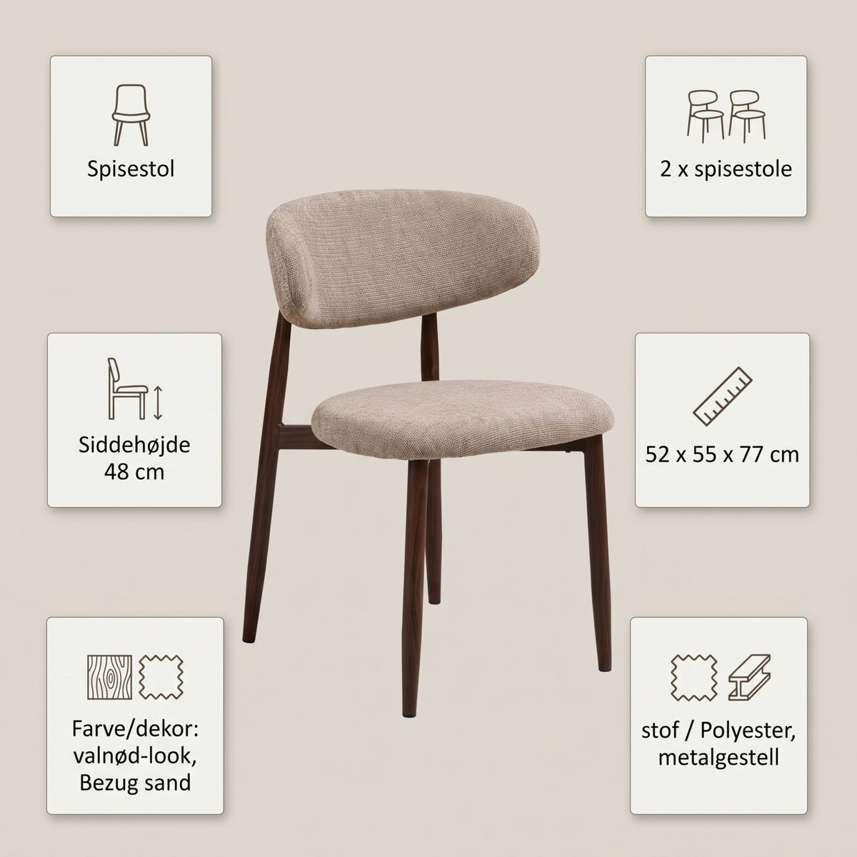 Eindhoven spisebordsstole 2-pak med stofbetræk og metalstel, 52 x 55 x 77 cm