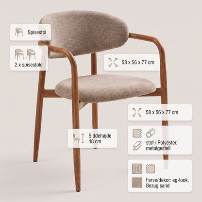 Eindhoven spisebordsstole 2-pak med armlæn med stofbetræk og metalstel, 58 x 56 x 77 cm