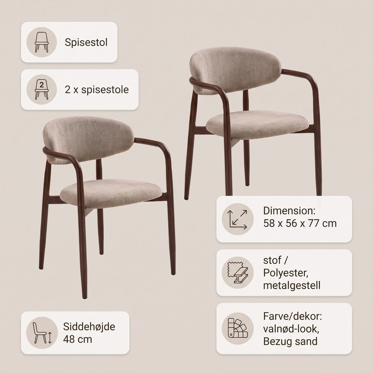 Eindhoven spisebordsstole 2-pak med armlæn med stofbetræk og metalstel, 58 x 56 x 77 cm