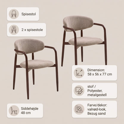 Eindhoven spisebordsstole 2-pak med armlæn med stofbetræk og metalstel, 58 x 56 x 77 cm