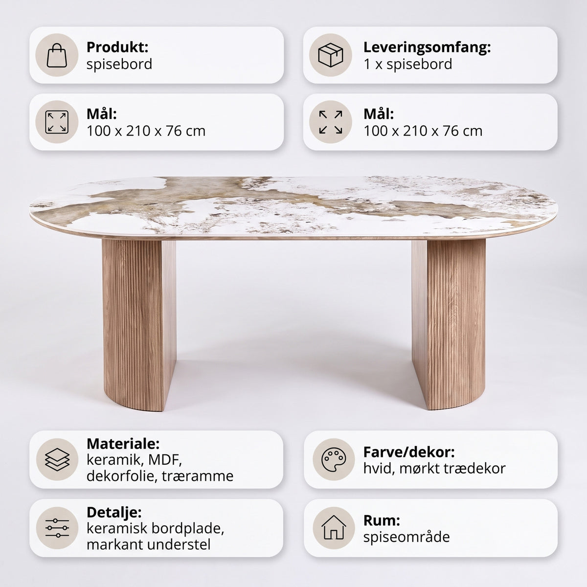 Spisebord Delft i hvid, keramik, MDF, dekorationspapir, træramme, 100 x 210 x 76 cm