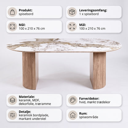 Spisebord Delft i hvid, keramik, MDF, dekorationspapir, træramme, 100 x 210 x 76 cm
