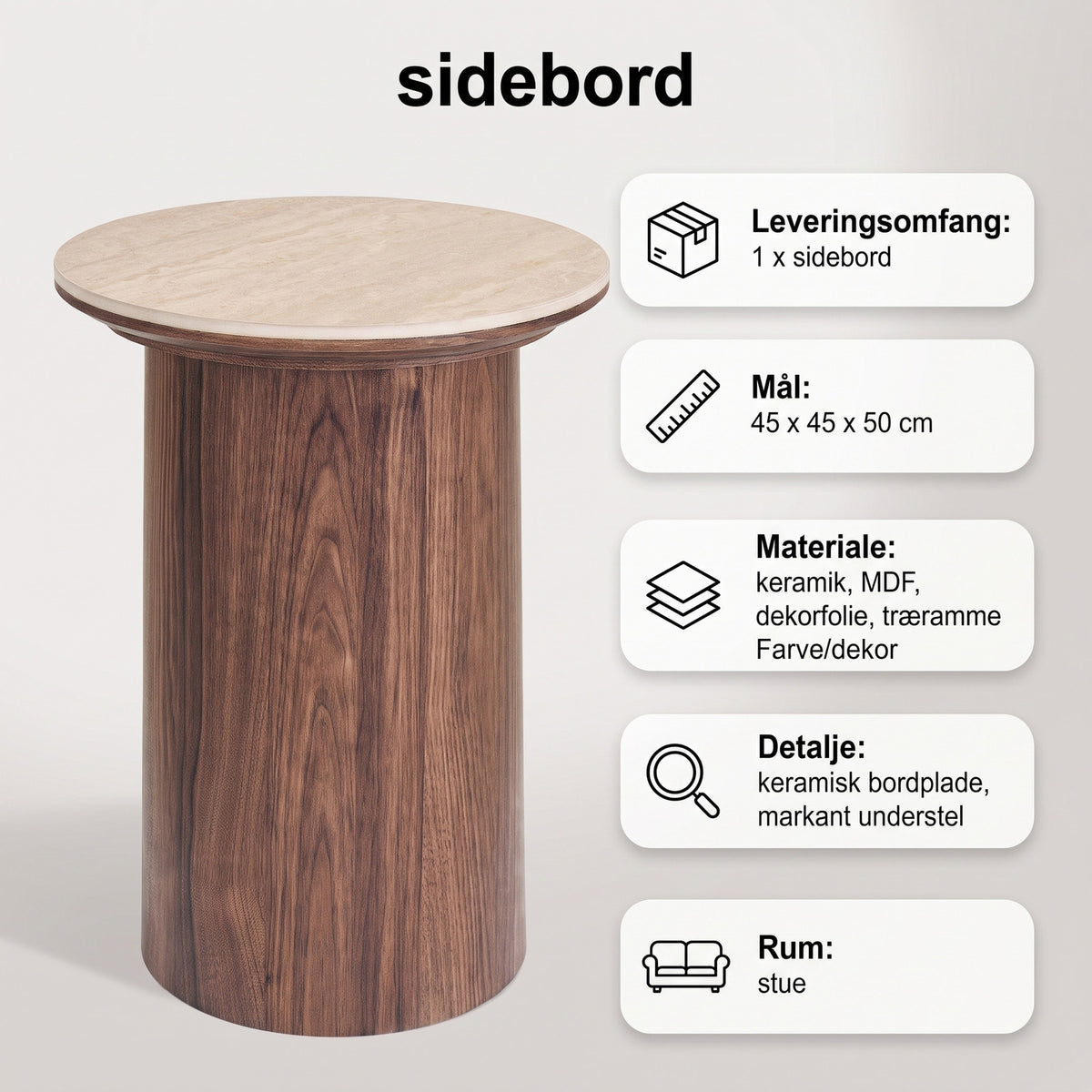 Sidebord Delft i grå, keramik, MDF, dekorationspapir, træramme, 45 x 45 x 50 cm