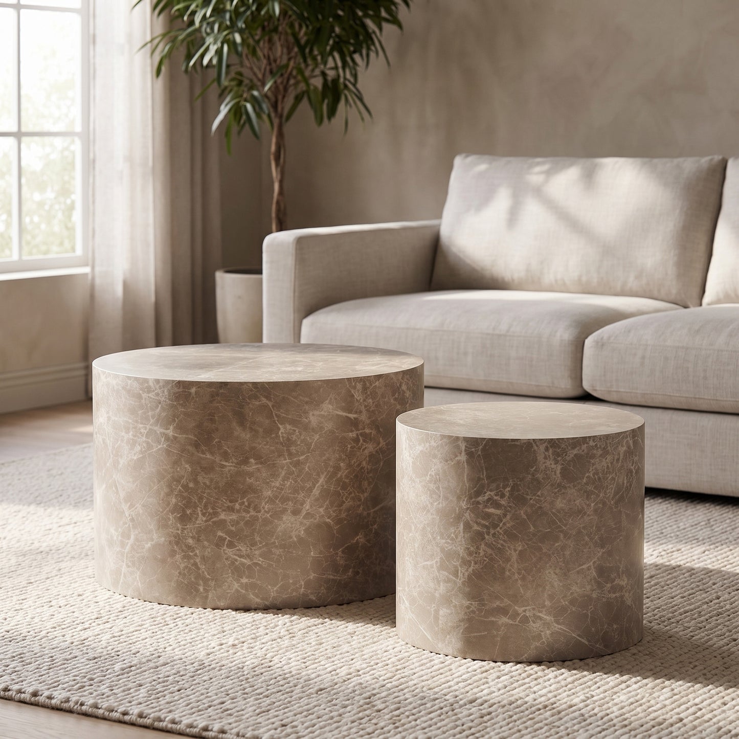 Seoul sofabordssæt med 2 borde i beige marmorlook - 48 x 48 x 40 cm
