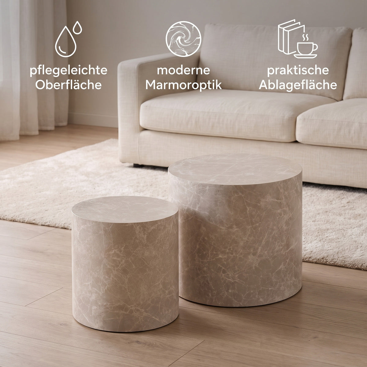 Seoul sofabordssæt med 2 borde i beige marmorlook - 48 x 48 x 40 cm