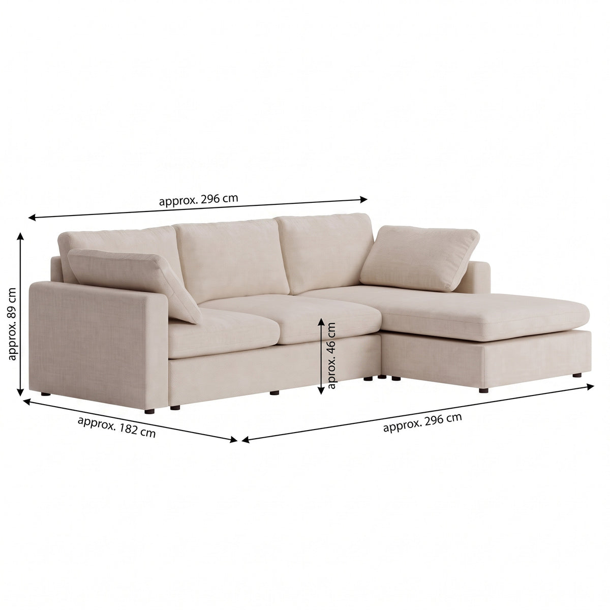 Wien chaiselongsofa med mikrofiberbetræk, højre- eller venstrevendt, inkl. 2 puder - 296 cm bredde