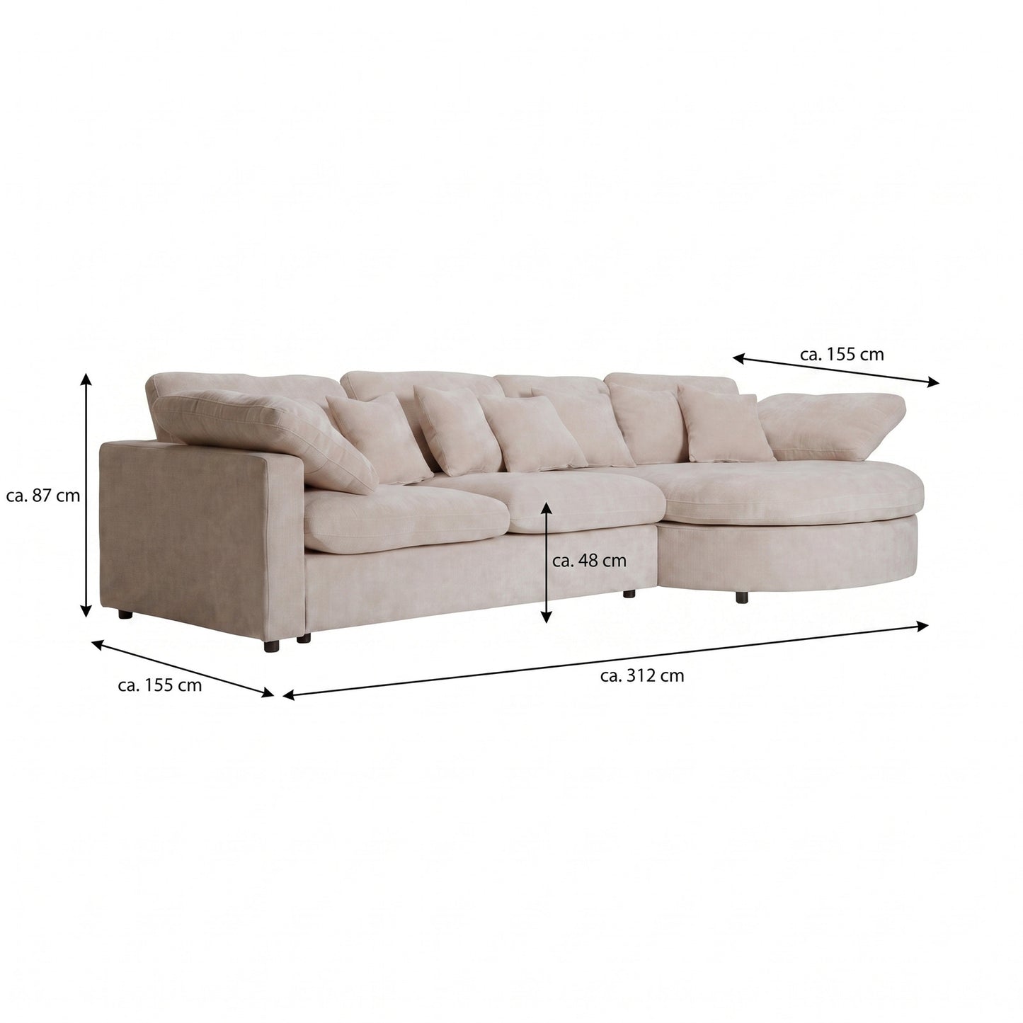 Innsbruck chaiselongsofa i bouclé, højrevendt, inkl. 7 puder - 312 cm bredde