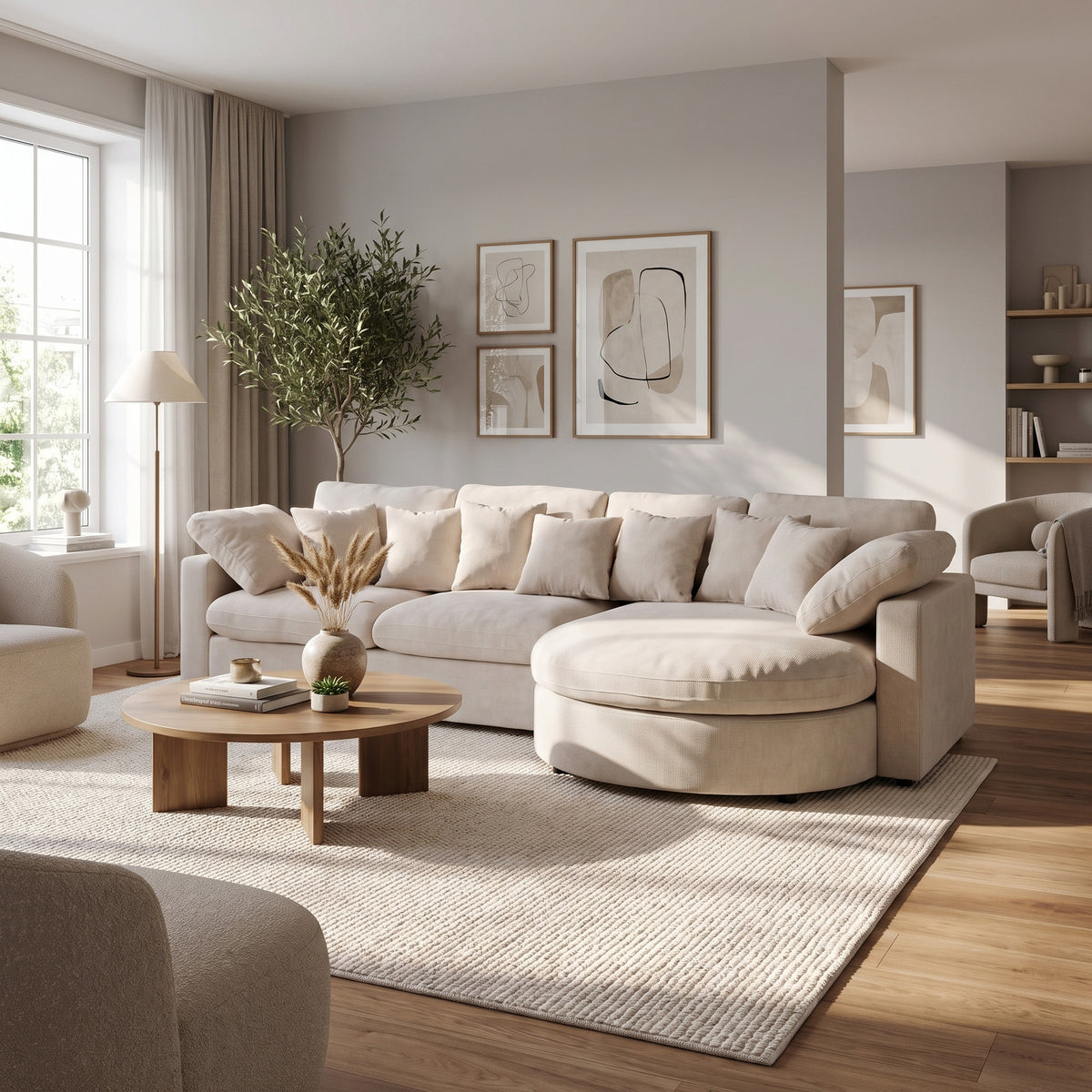Innsbruck chaiselongsofa i bouclé, højrevendt, inkl. 7 puder - 312 cm bredde