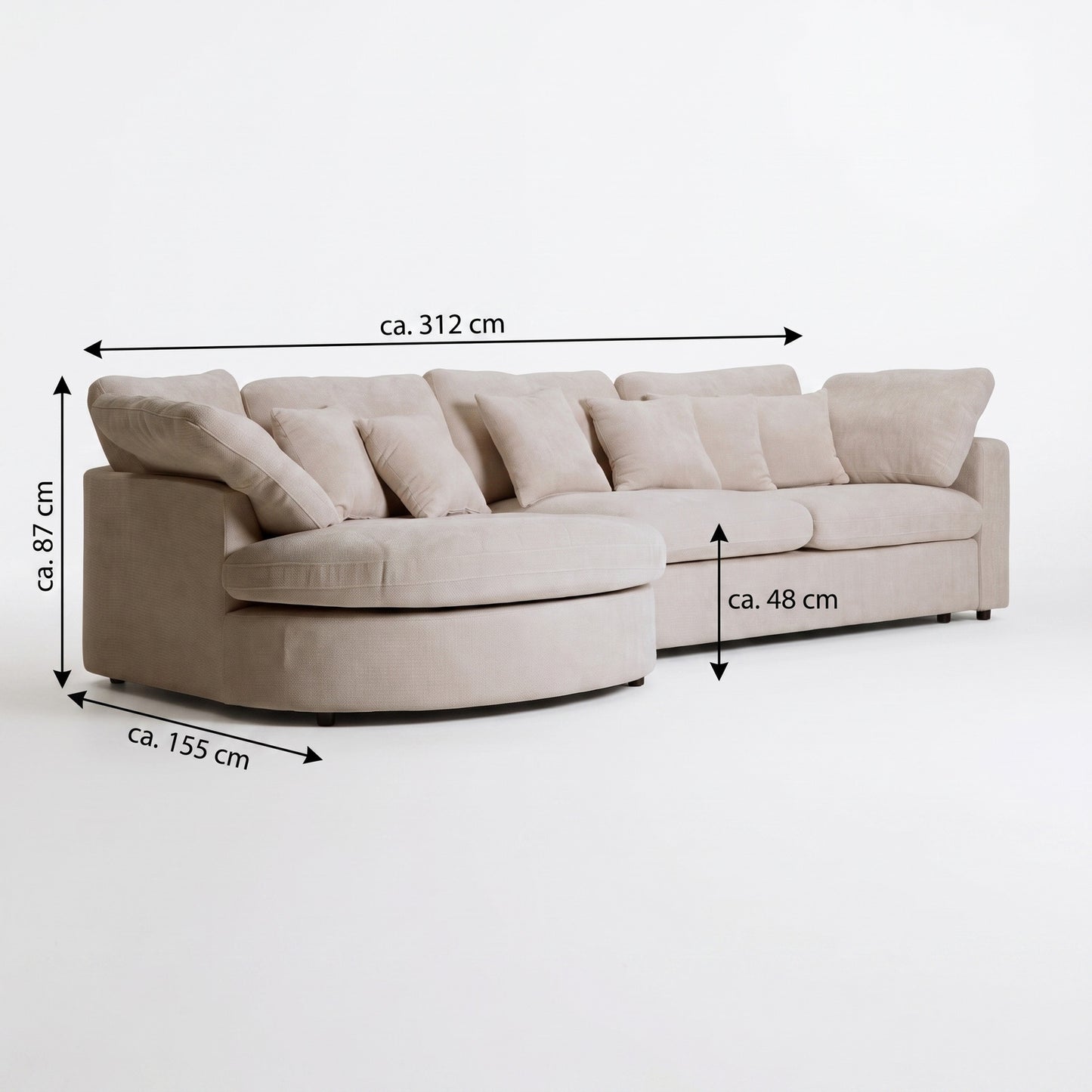 Innsbruck chaiselongsofa i bouclé, venstrevendt, inkl. 7 puder - 312 cm bredde