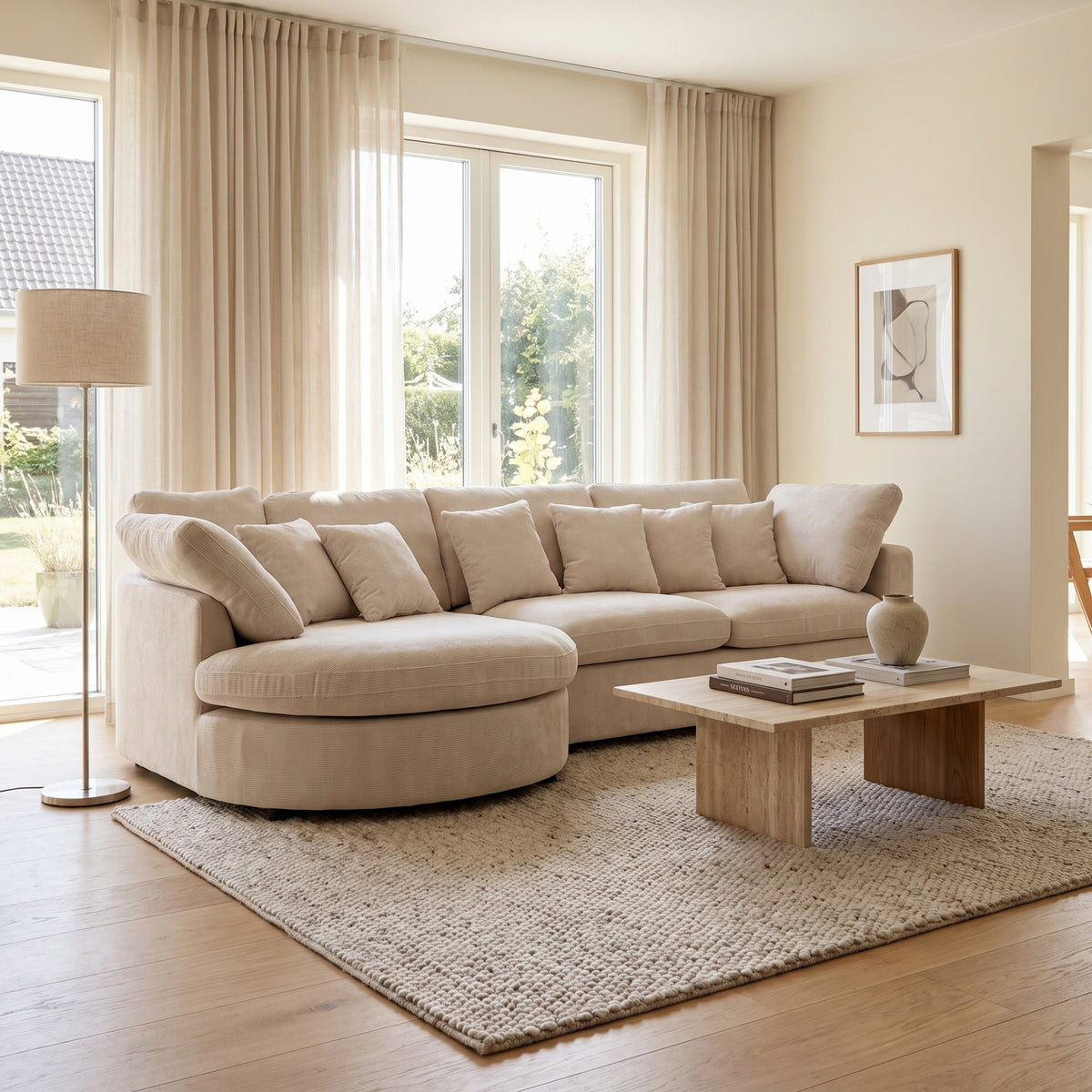 Innsbruck chaiselongsofa i bouclé, venstrevendt, inkl. 7 puder - 312 cm bredde