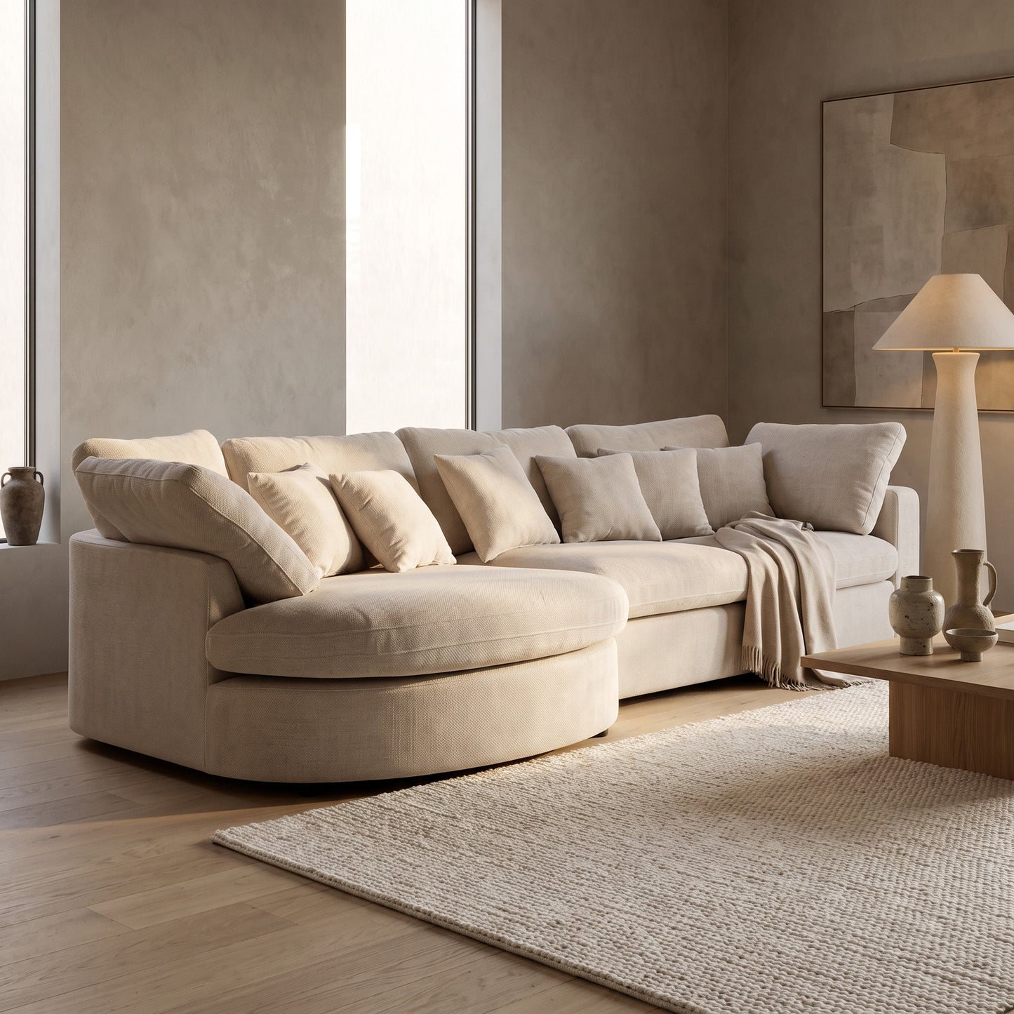 Innsbruck chaiselongsofa i bouclé, venstrevendt, inkl. 7 puder - 312 cm bredde