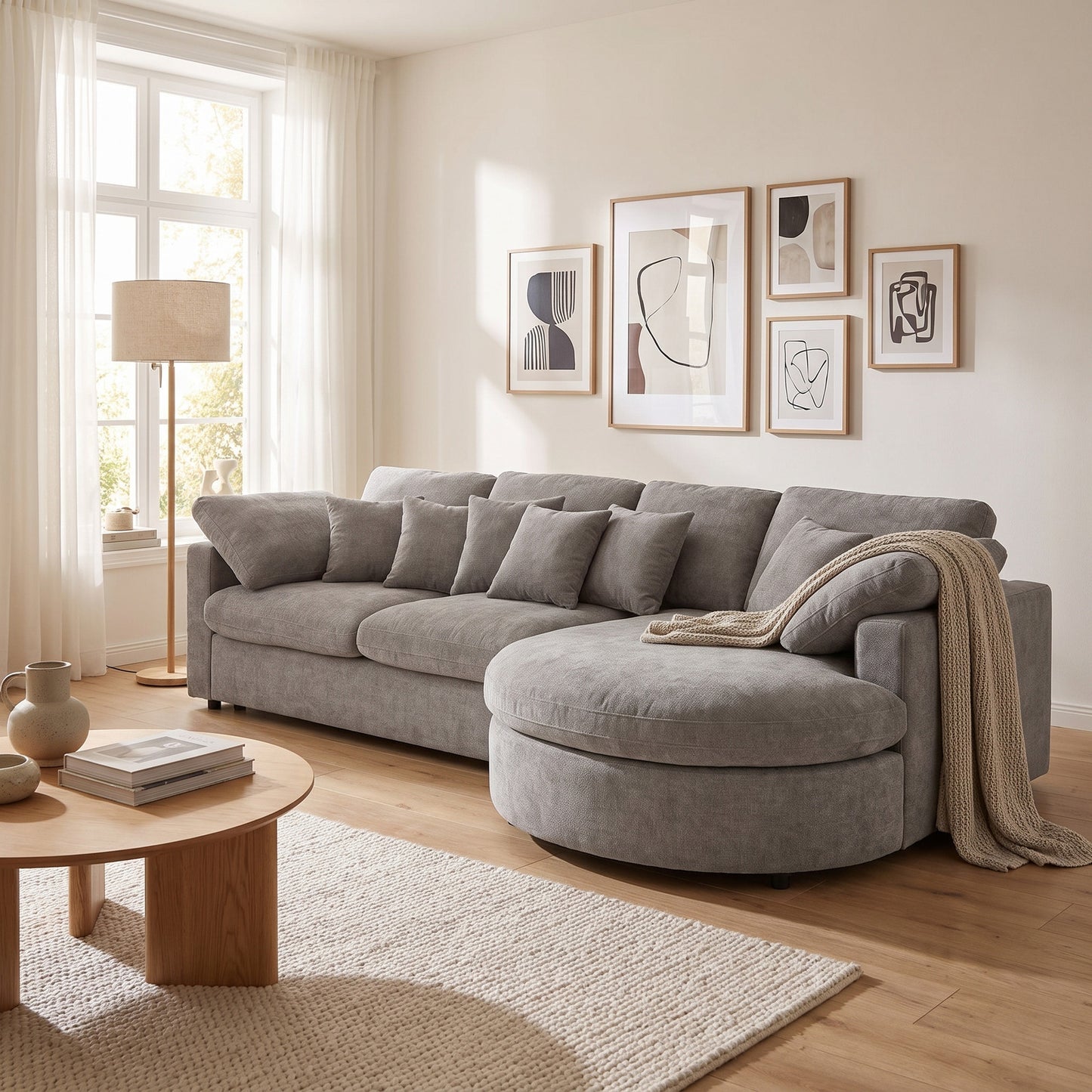 Innsbruck chaiselongsofa i bouclé, højrevendt, inkl. 7 puder - 312 cm bredde
