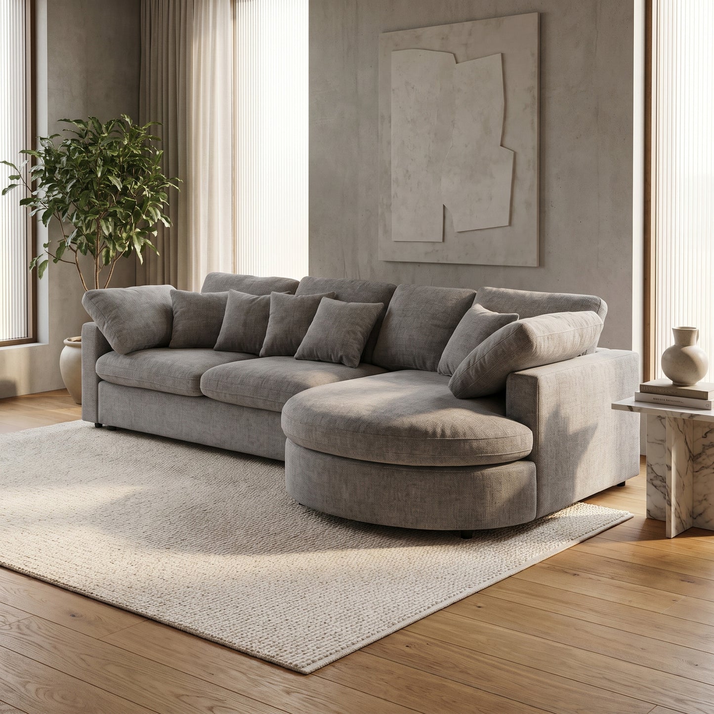 Innsbruck chaiselongsofa i bouclé, højrevendt, inkl. 7 puder - 312 cm bredde
