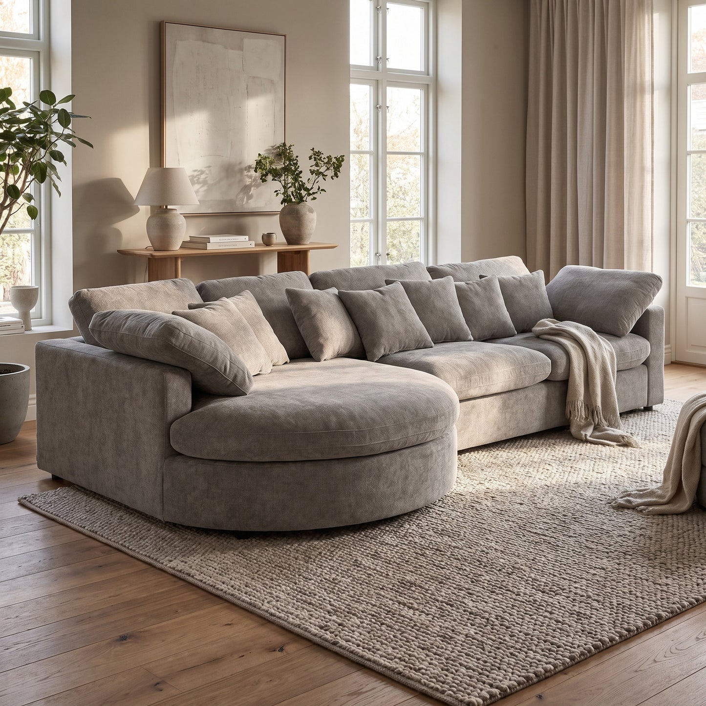 Innsbruck chaiselongsofa i bouclé, venstrevendt, inkl. 7 puder - 312 cm bredde