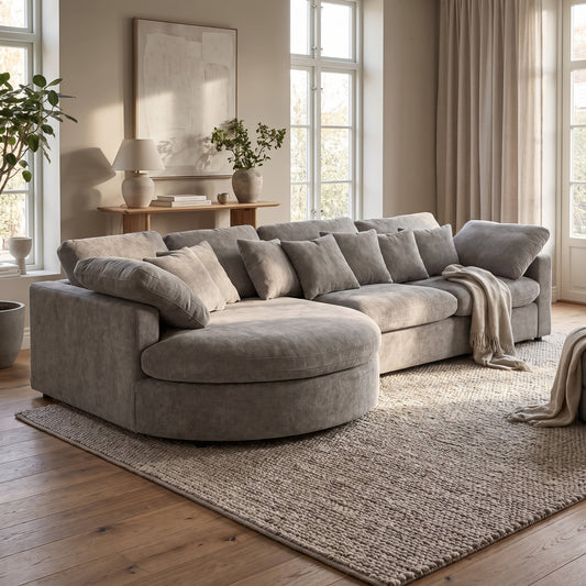 Innsbruck chaiselongsofa i bouclé, venstrevendt, inkl. 7 puder - 312 cm bredde
