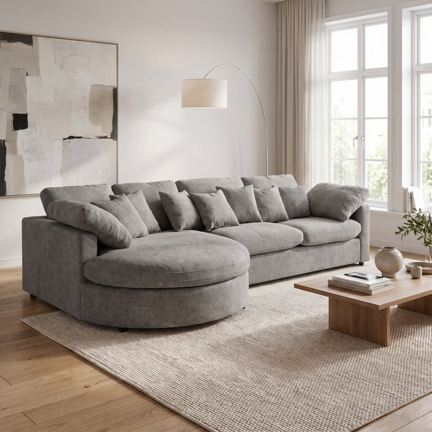 Innsbruck chaiselongsofa i bouclé, venstrevendt, inkl. 7 puder - 312 cm bredde
