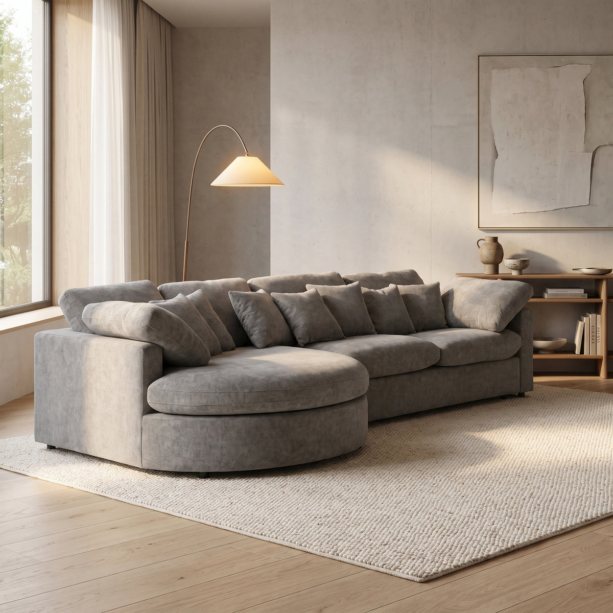 Innsbruck chaiselongsofa i bouclé, venstrevendt, inkl. 7 puder - 312 cm bredde