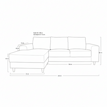 Toronto sofa med chaiselong venstrevendt 222 x 82 cm i cognac