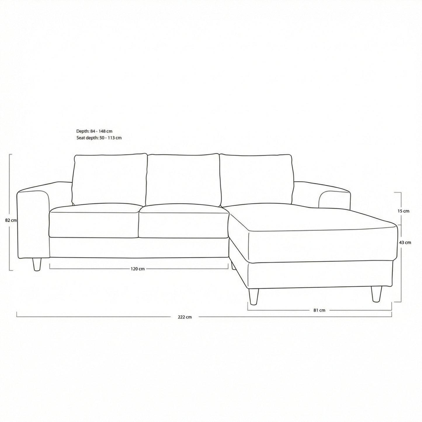 Toronto sofa med chaiselong højrevendt 222 x 82 cm